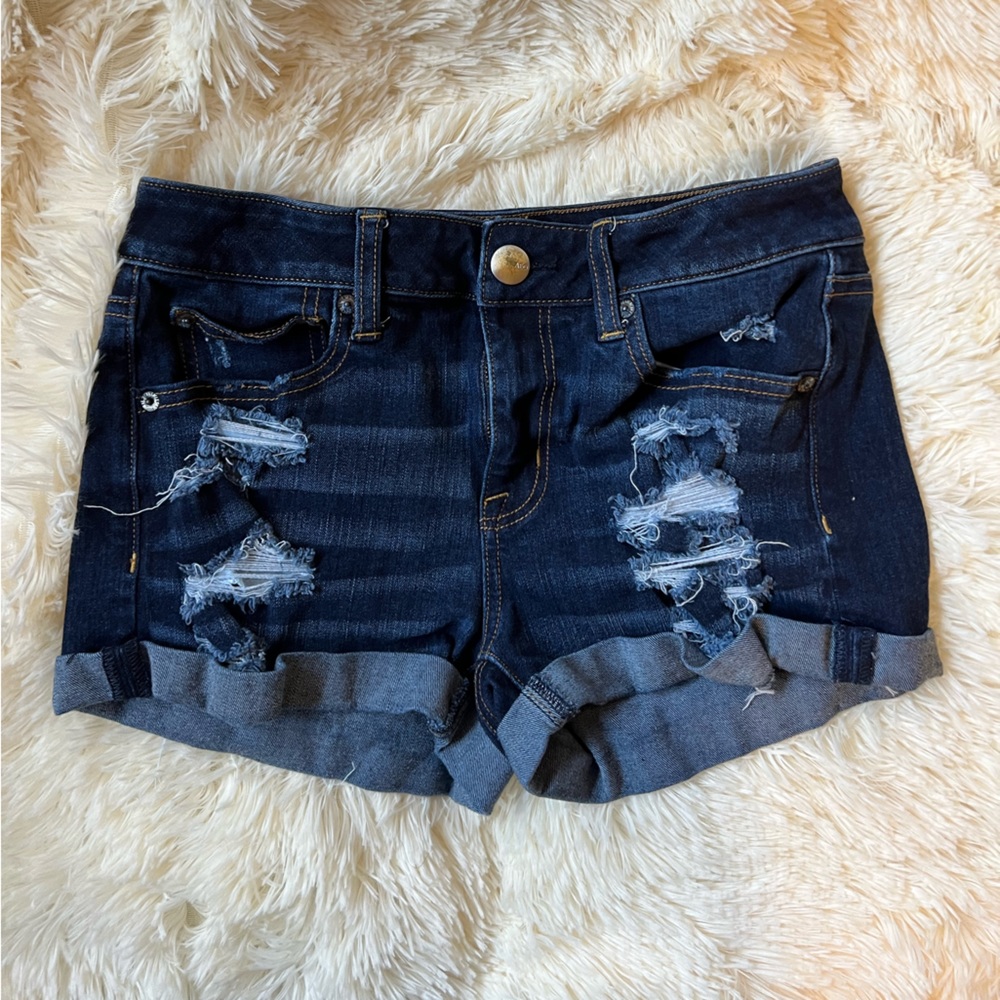 American Eagle dark wash, distressed jean shorts